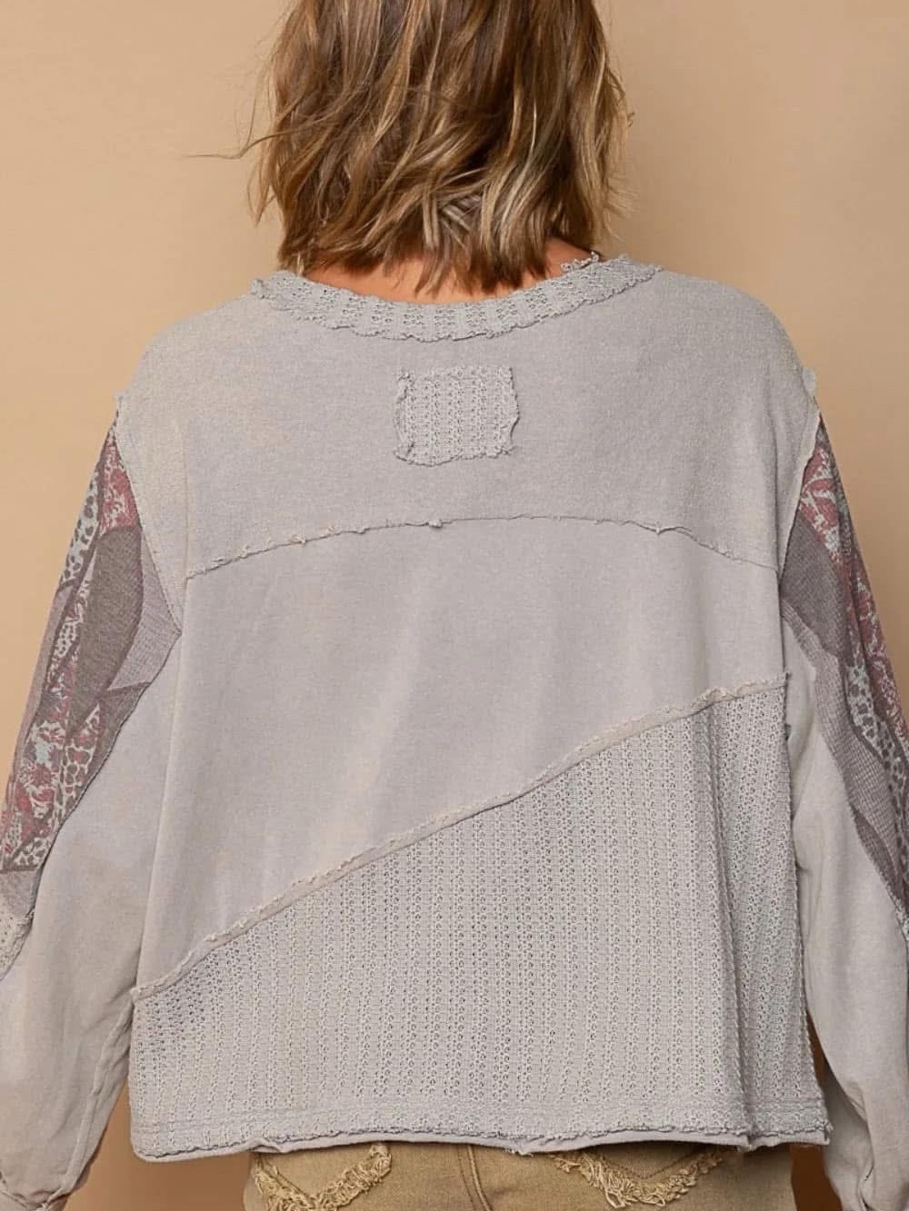 POL Neutral Gray Patchwork Peace Sign Pullover - Picture 2 of 3